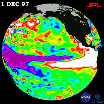 Fenómeno climático de El Niño de 1997-98 observado por TOPEX / Poseidon. - En.wikipedia.org