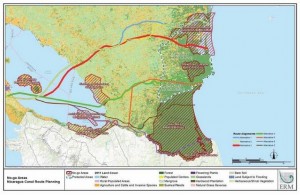 Mapa de Nicaragua con las seis rutas que se proyectaron para el trazado del bidireccional canal interoceánico. La seleccionada, en verde, fue la cuarta. Crédito: ERM