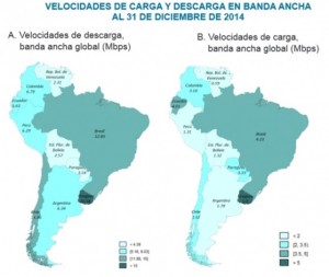 Mapa de la velocidad de la banda ancha en América Latina al cierre de 2014, según un informe de la Comisión Económica de América Latina y el Caribe (Cepal). Crédito: Cepal