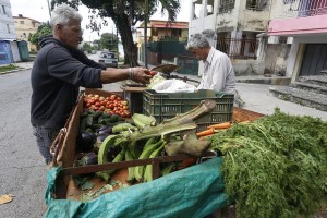 Dos vendedores ambulantes organizan sus productos agrícolas para la venta, en una calle del barrio de Playa, en La Habana, la capital de Cuba. Crédito: Jorge Luis Baños/IPS