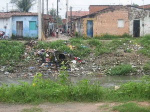 El barrio de Bom Jardim, en Fortaleza, una de las grandes ciudades de la región del Nordeste de Brasil, la más afectada por el virus de zika. La falta de saneamiento, con grandes basurales a orillas de riachuelos y el agua estancada en variados contenedores, incluida la tapa de una botella, ayudan a la propagación del mosquito Aedes aegypti, vector del zika, el dengue y el chicungunya. Crédito: Mario Osava/IPS
