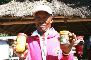 El agricultor y apicultura zimbabuense Nyovane Ndlovu muestra unos frascos de miel producidos con su propia marca. Crédito: Busani Bafana/IPS.