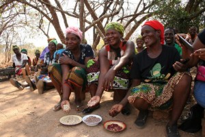 Tres agricultoras muestran orgullosas parte de su cosecha en una aldea vecina de la capital de Zambia. Las legumbres son buenas para la nutrición y como fuente de ingresos, en particular para las mujeres, responsables de la seguridad alimentaria de los hogares. Crédito: Busani Bafana/IPS.
