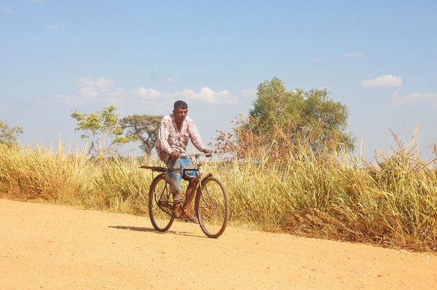 Un hombre anda en bicicleta en un pueblo afectado por la sequía en la zona de Mahavellithanne, 350 kilómetros al noreste de Colombo, en Sri Lanka, donde la temperatura máxima superó los 38 grados centígrados en la primera semana de octubre de 2016. Crédito: Amantha Perera/IPS