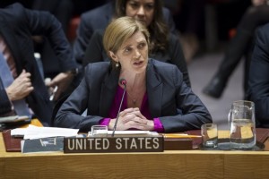 Representante saliente de Estados Unidos en la ONU, Samantha Power, se dirige al Consejo de Seguridad tras la votación contra los ilegales asentamientos israelíes en territorio palestinos de diciembre de 2016. Crédito:Manuel Elias/UN Photo