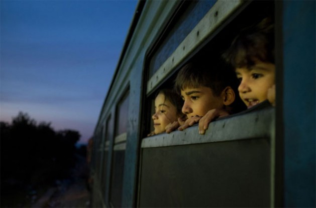Tres niños miran por la ventana de un tren detenido en un centro de recepción en Gevgelija, Macedonia y donde viajan refugiados de Afganistán, Iraq y Siria. Crédito: Ashley Gilbertson / Unicef