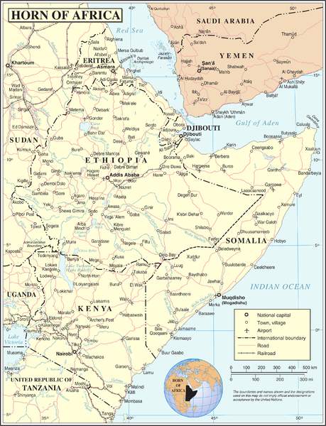 Mapa del Cuerno de África. Fuente: Departamento de Operaciones, sección de cartografía de las Naciones Unidas.