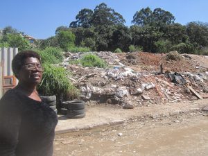 La lideresa comunitaria Felicia Mendes delante del terreno que 868 familias de la Ocupación Parque del Ingenio lograron que las autoridades les asignen para establecer un nuevo asentamiento en el extremo sur de la metrópoli brasileña de São Paulo, el punto de partida para la inclusión y el fin de la marginalidad. Crédito: Mario Osava/IPS