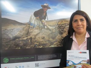 María Elena Rojas, representante en Perú de la FAO, en su oficina en Lima, ante una imagen de una mujer andina arando la tierra y con un documento en sus manos, cuyo título es toda una declaración de intenciones: “Mujeres rurales, mujeres con derechos”. Crédito: Mariela Jara/IPS