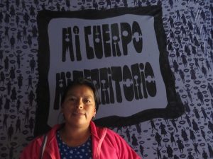Fanny Kaekat, lideresa indígena del pueblo shuar arutam, lleva una vida defendiendo los territorios de sus comunidades en el sureste de Ecuador de la amenaza de la explotación minera. Posa en el 14 Encuentro Feminista Latinoamericano, en Montevideo, delante de un cartel que reza: “mi cuerpo, mi territorio”, un lema de las defensoras de derechos. Crédito: Mariela Jara/IPS