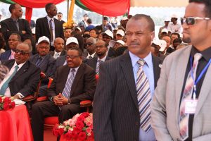El primer ministro Hailemariam Desalegn (con las manos entelazadas en la falda) participa en la apertura en 2016 de la nueva vía férrea que une Ababa y Djibouti. Crédito: James Jeffrey/IPS.