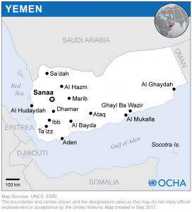 La coalición encabezada por Arabia Saudita impide el ingreso de suministros humanitarios, como alimentos, combustible y medicamentos. Además, los rebeldes hutíes frenan la distribución de lo que logra ingresar, señala un estudio de Amnistía Internacional. Crédito: OCHA.