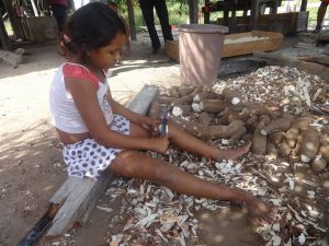 Una niña ayuda a su familia, pelando yuca en Acará, en el noreste de la Amazonia brasileña. Más de cinco millones de niños sufren desnutrición crónica en América Latina, una región donde se ha retrocedido en la meta de erradicar el hambre y la pobreza extrema, al mismo tiempo que crece la obesidad, que afecta a siete millones de niños. Crédito: Fabiana Frayssinet/IPS