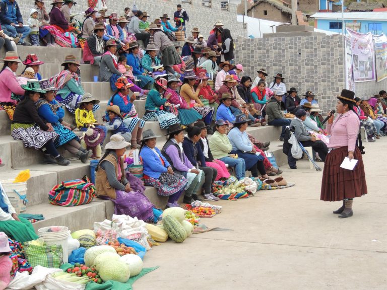 Yolanda Flores, una indígena aymara, habla a otras mujeres dedicadas a la pequeña agricultura, congregadas en la plaza de su aldea, en las alturas del sur andino de Perú. Ella está convencida de que participar en los espacios locales de decisión es fundamental para las mujeres rurales salgan de la invisibilidad y se reconozcan sus derechos. Crédito: Cortesía de Yolanda Flores