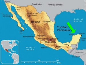 La península de Yucatán, que divide el golfo de México en el mar Caribe, abarca los estados de Campeche, Quintana Roo y Yucatán, y desempeña un papel climático neurálgico, pues alberga selva que regula el flujo de agua y la temperatura en la región. Crédito: Dominio público