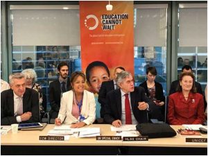 Filippo Grandi, alto comisionado de las Naciones Unidas para los Refugiados, Yasmine Sherif, directora ejecutiva del fondo “La educación no puede esperar”, Gordon Brown, enviado especial de las Naciones Unidas para la Educación Mundial, y Henrietta Fore, directora ejecutiva de Unicef. Crédito: Kent Page/ECW