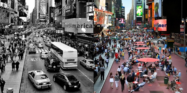 Una recreación de cómo podría transformarse la emblemática Times Square, en Nueva York, dentro de las ideas de urbanismo reversible a la que los especialistas convocan para la pospandemia. Foto: PaisajeTransversal.org