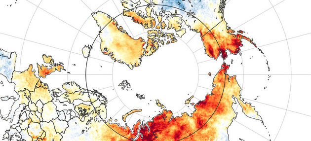 La región del Ártico, y en particular Siberia, en Rusia, experimenta una ola de calor inusual y atribuida al cambio climático, lo que provoca incendios de bosques y derrite el hielo del polo, con consecuencias negativas para todo el planeta. Imagen: NASA Earth Observatory