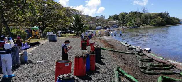 Expertos de Naciones Unidas examinan la playa Bois des Amourettes, en la isla de Mauricio, para evaluar los daños causados por el derrame de combustible de un carguero de propiedad japonesa que encalló cerca de la costa. Foto: OIM