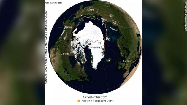 Fotografía satelital de la Pérdida de hielo en el Ártico.