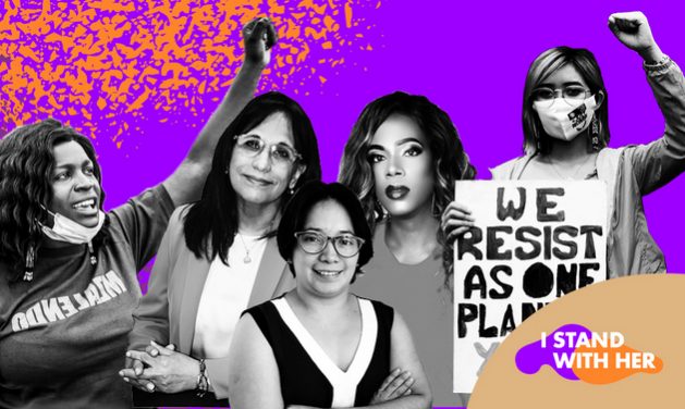 De izquierda a derecha, las lideresas Editar Ochieng, Amina Bouayach, Maria de Luz Padua, Cleo Kambugu y Mitzi Tan. Collage: Acnudh