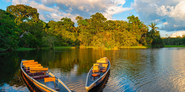Dos tradicionales canoas de madera en la cuenca del río Amazonas, en el Parque Nacional Yasuní, en Ecuador. Foto: Alamy